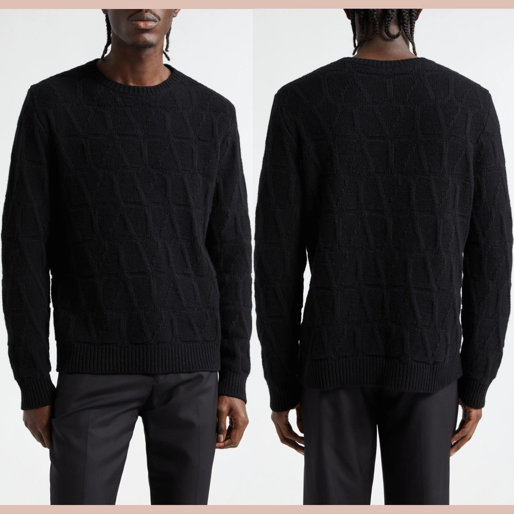 $990 Valentino [ Men Large ] Logo Virgin‎ Wool Crewneck Sweater in Black #J2000